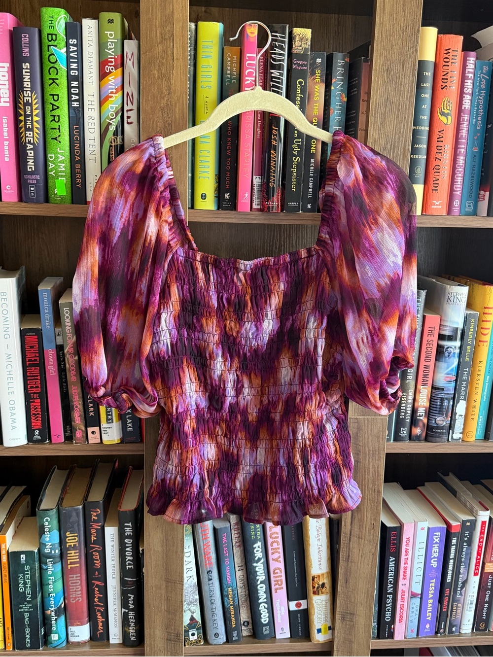 Old Navy Purple Multi-Color Smocked Puff Sleeve Top
